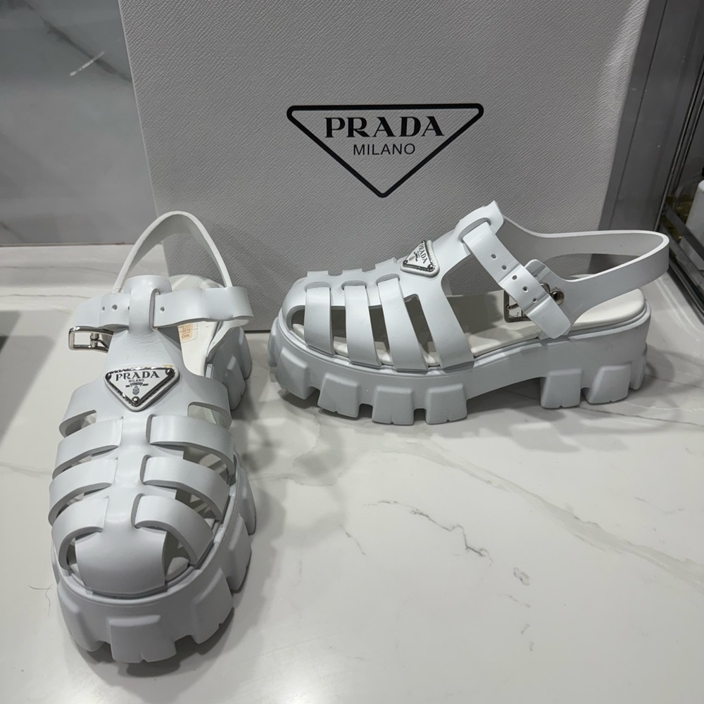 Womens White Prada Monolith Rubber Cage Sandals with box Size 40